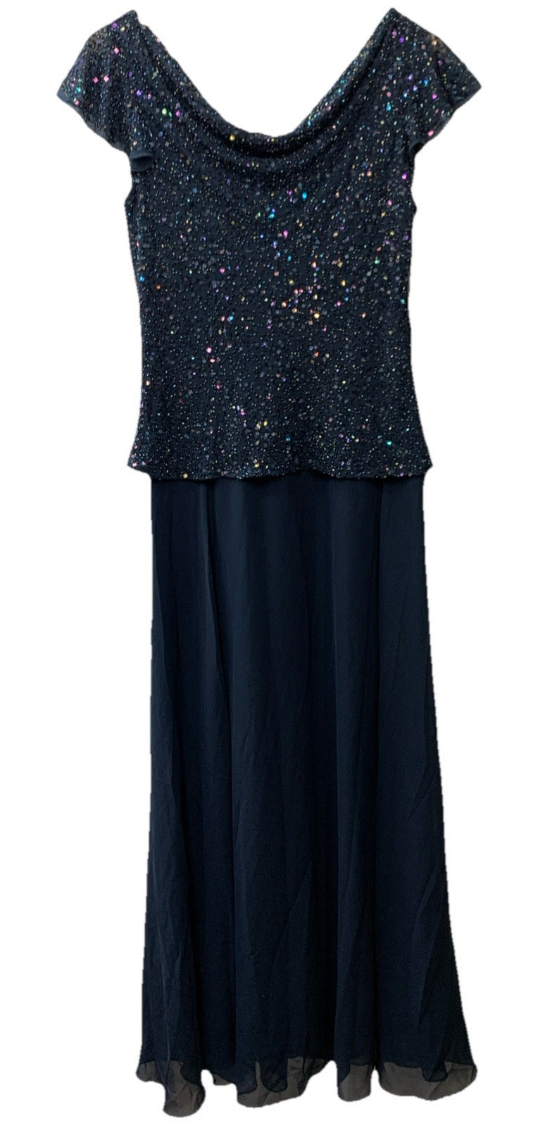 J Kara Women's Size 10 Flutter-Sleeve Embellished Popover Dress Navy (669) 3417N