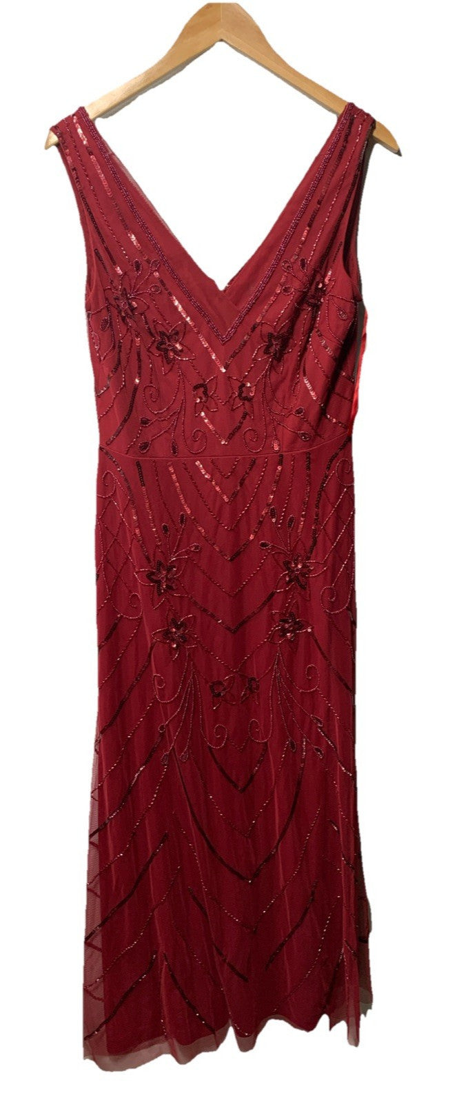 Adrianna Papell Women's Beaded Mesh Dress Cranberry Size 8 Sleeveless V-neck