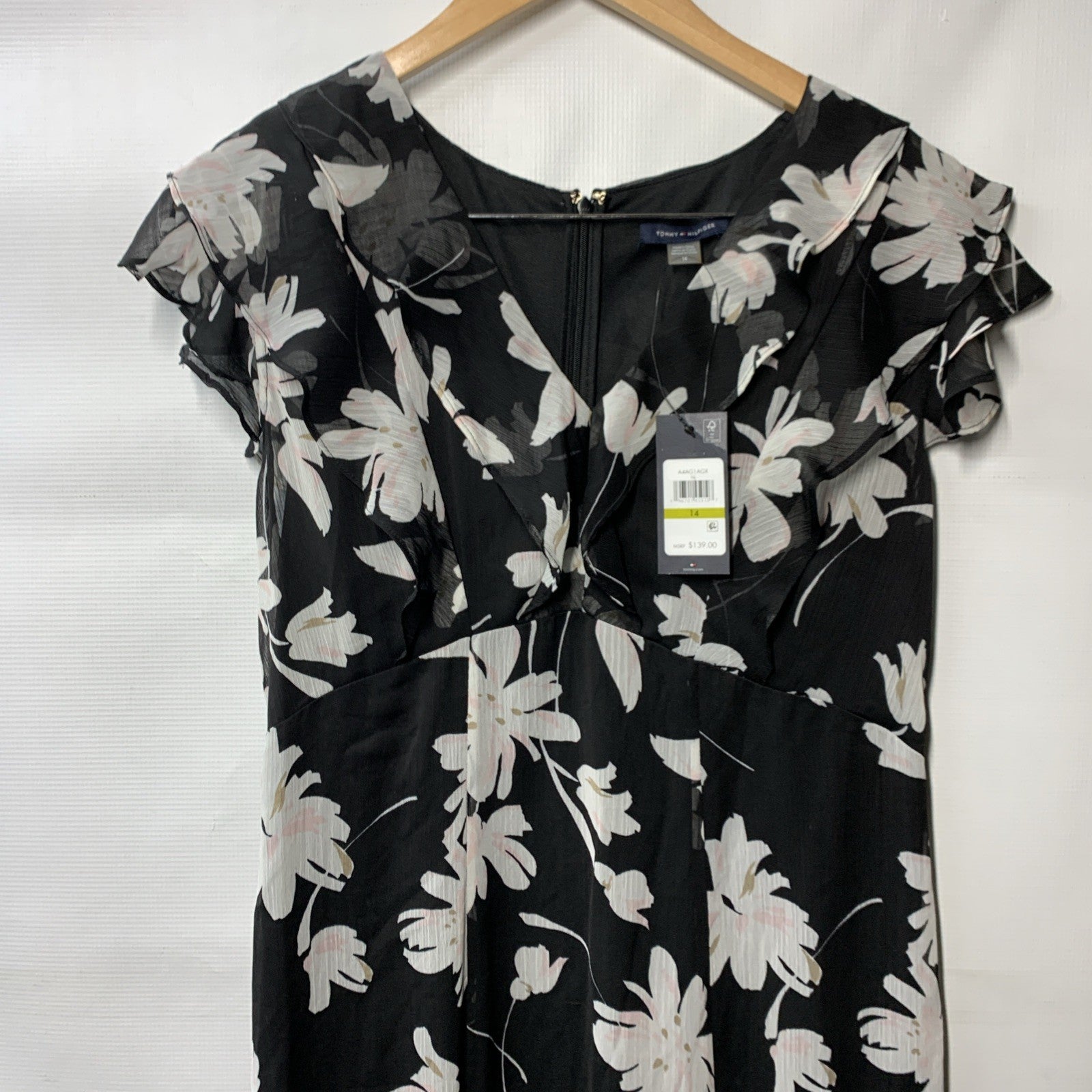 Tommy Hilfiger Women's Chiffon Flutter Sleeve and Hem V-Neck Midi Dress Size 14