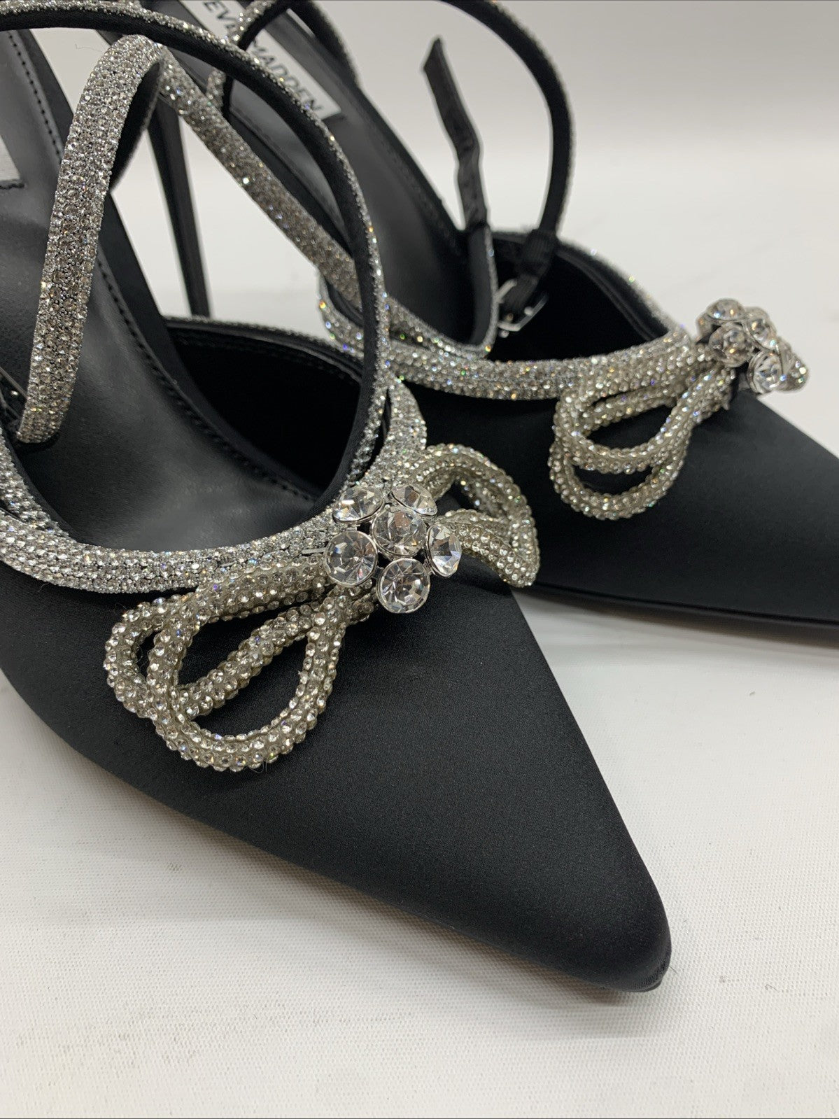 Steve Madden Viable High Stiletto Embellished Ankle Strap Size 10 Satin Black