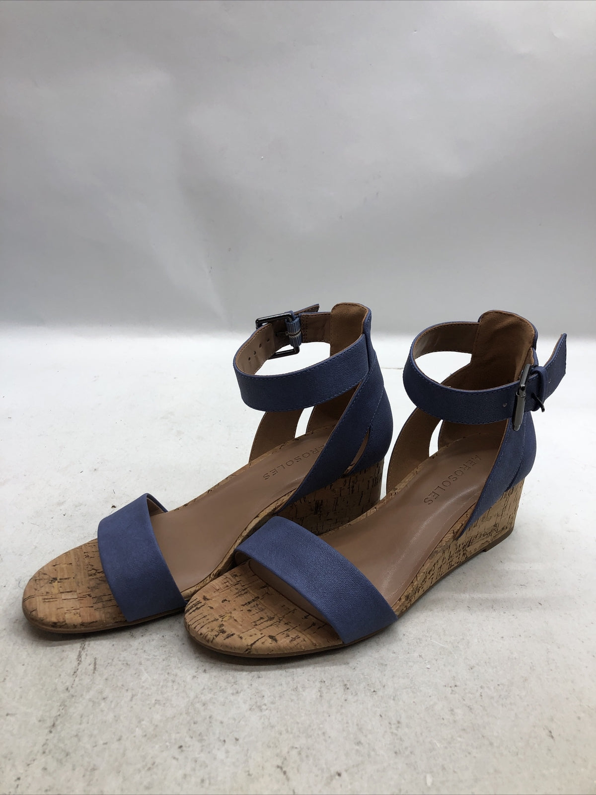 Women's Aerosoles Willowbrook Ankle Strap Wedge Sandal Mid Blue Open Toe Size 6