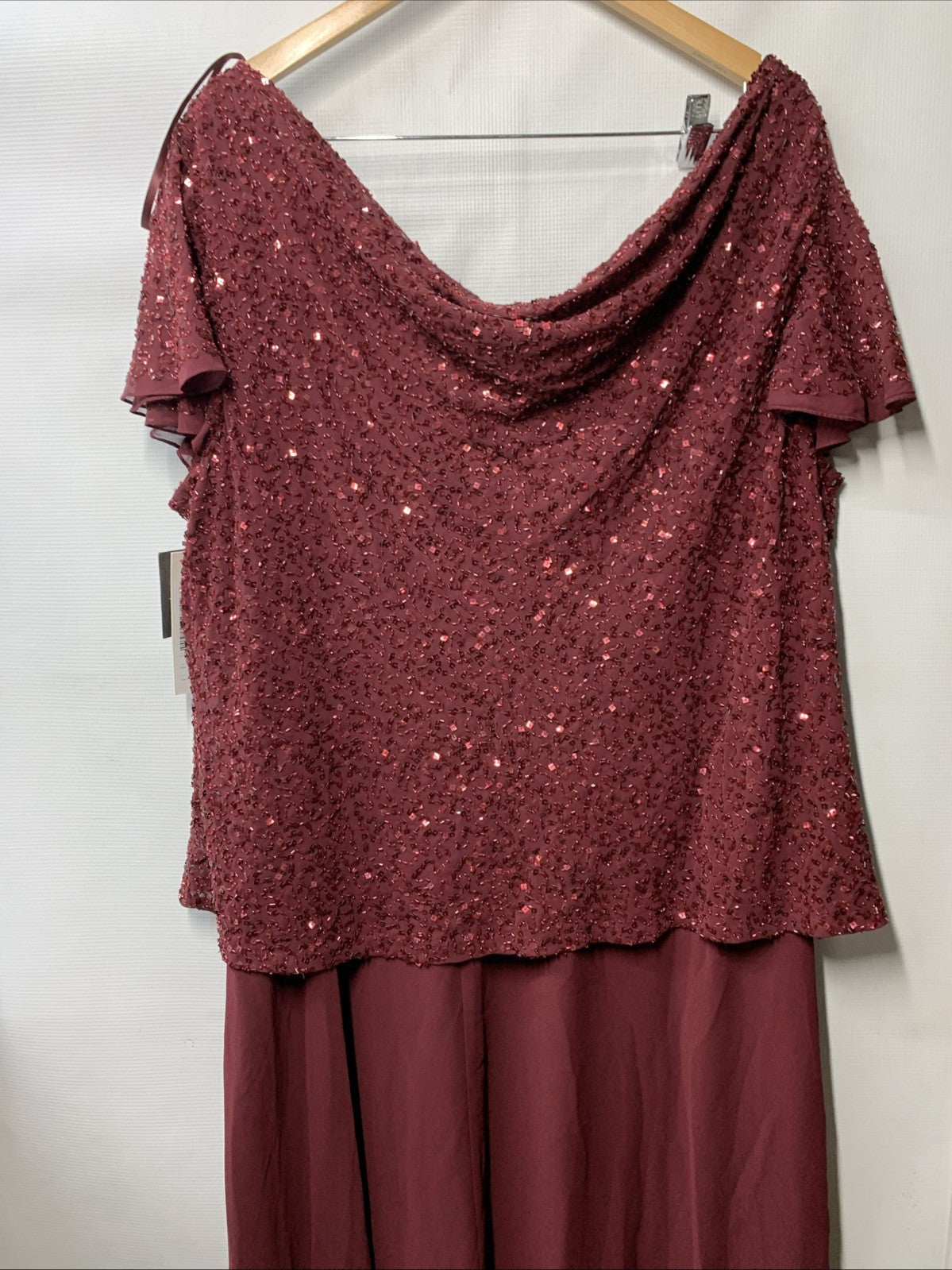 J Kara Women's Beaded Cowl Neck Flutter Sleeve Dress Cranberry Plus Size 22W