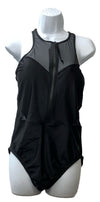 Black Speedo women's one-piece swimsuit with high neck and contemporary cut, featuring sleek, fitted swimwear design.