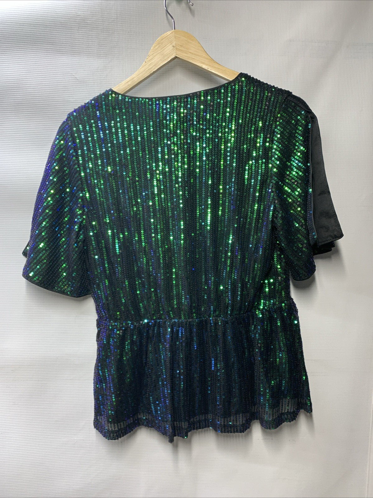 Grace Karin V-Neck Sequined Ruffle Stitching Slim Fit Short Sleeve Size M Green