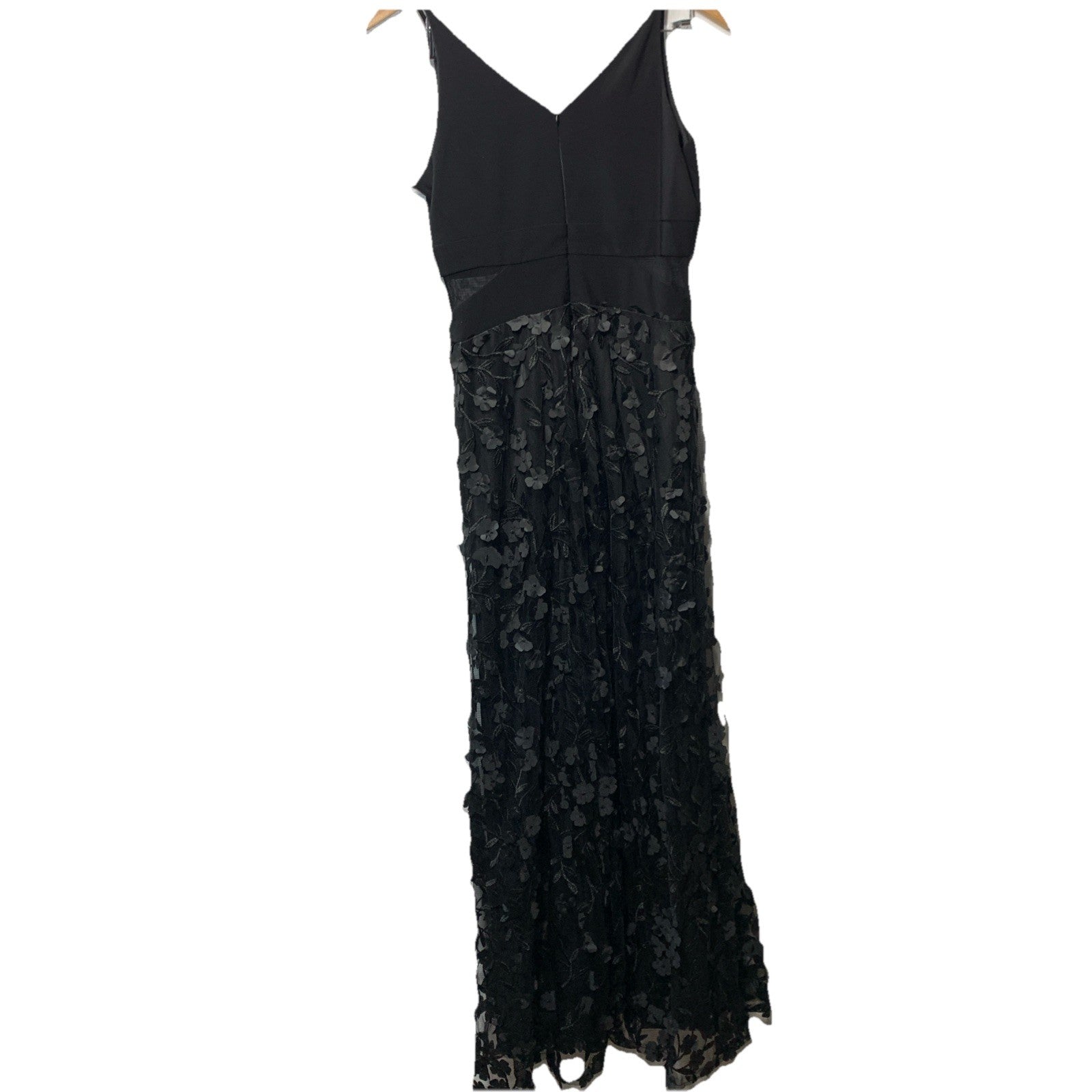 Xscape Sheer Matte Jersey Lace V-Neck Floral Appliques Floor Length Dress 6P