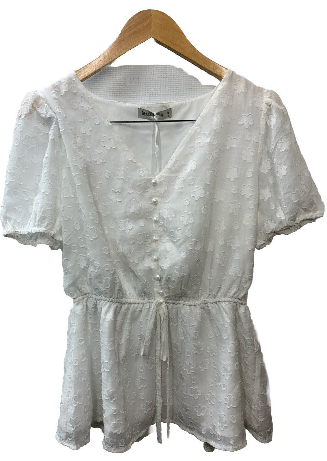GRACE KARIN Blouse Women Swiss Dot A-Line Tops Short Sleeve V-Neck Size M White