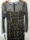 Papell Studio Black Gold Beaded Sequin Long-Sleeve Mesh Dress Cocktail Size 8