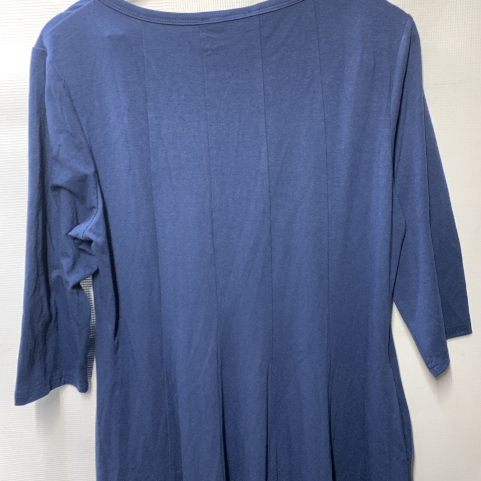Navy blue women's A-line dress with 3/4 sleeves, loose fit, casual and formal style, from The Family Flips.