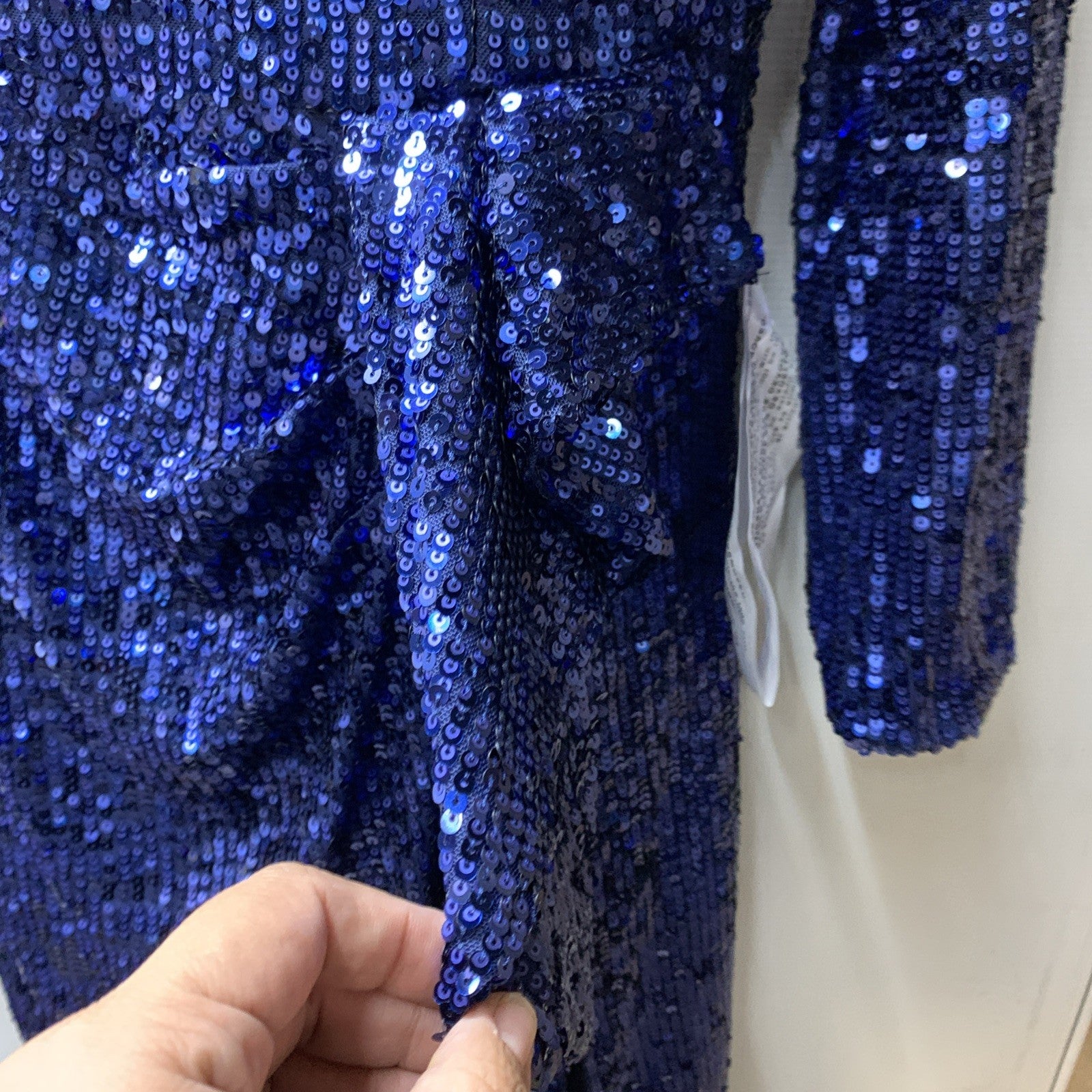 Dress The Population Blue Sequin Front Slit Long Sleeve Cocktail Dress Size XXL