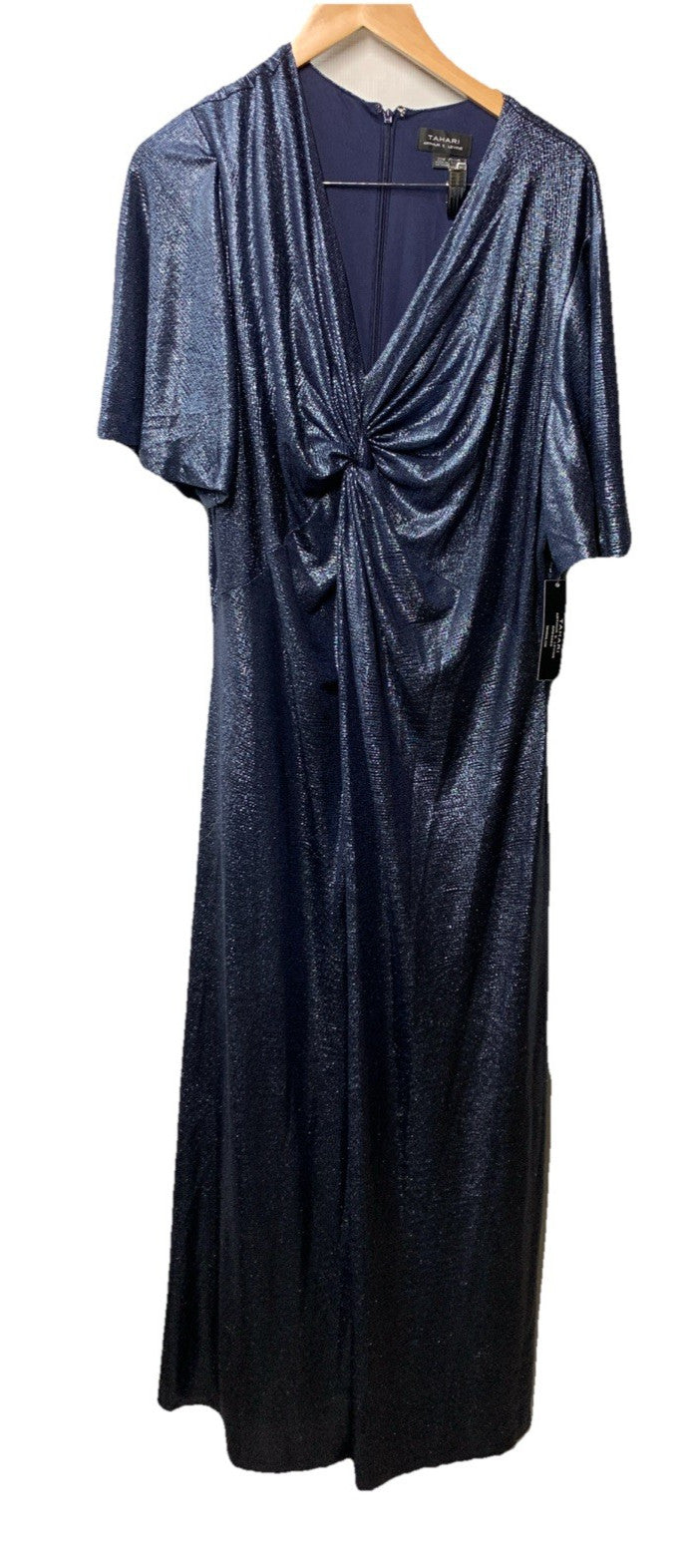 Tahari Knot-Front Elbow-Sleeve Metallic Jersey Long Gown Dress Navy Size 22W
