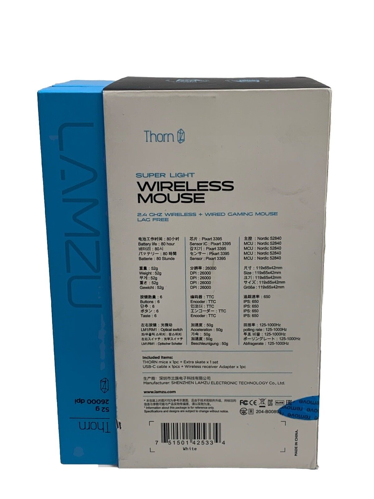 Lamzu Thorn Gaming Maus White Mouse Super Light No Delay 2.4 Ghz Wireless/Wired
