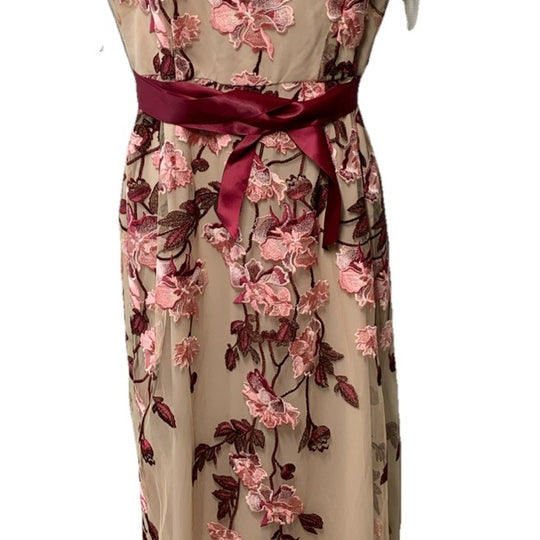 Adrianna Papell Floral Cascading Column Gown Short Sleeve Birthday Wedding Sz 12