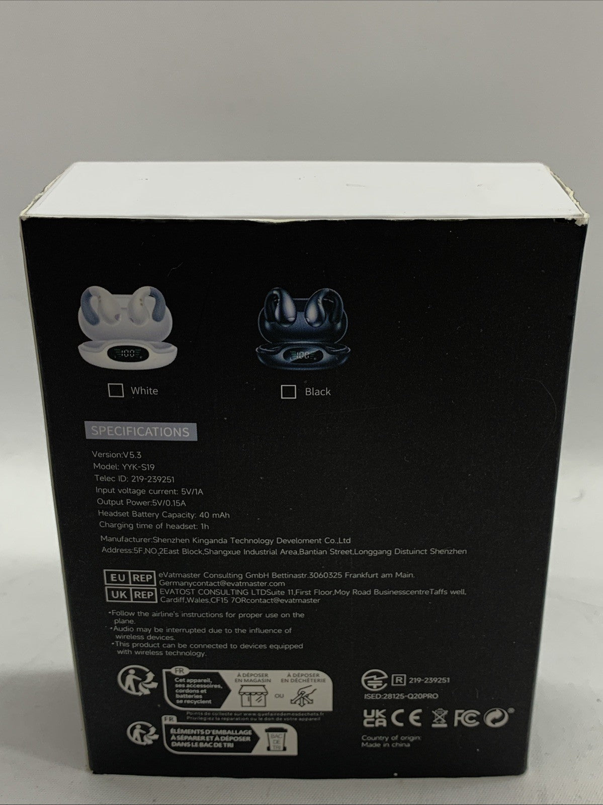 Open Ear Clip On Headphones Bluetooth 5.3 Wireless Earbuds YYK-S19 4HD Mic White