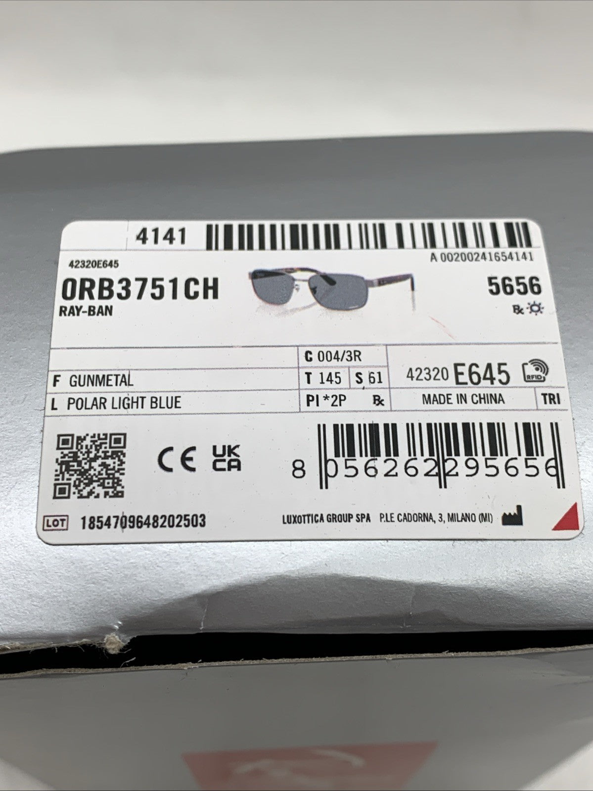 Ray-Ban Sunglasses 0RB3751CH Polish Gunmetal Polar Light Blue 145/61 004/3R E645