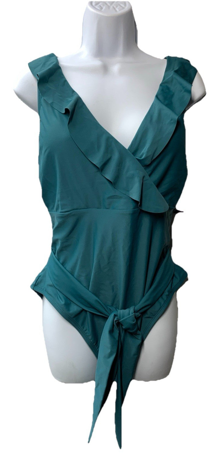 Rebecca Virtue Women's Kelly Ruffle One Piece Swimsuit Plunge Teal XXL Swimwear