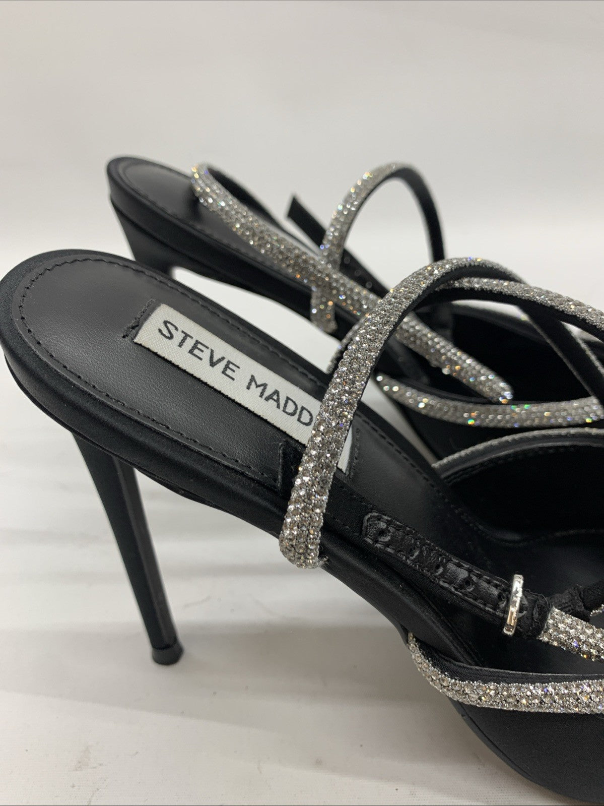 Steve Madden Viable High Stiletto Embellished Ankle Strap Size 10 Satin Black
