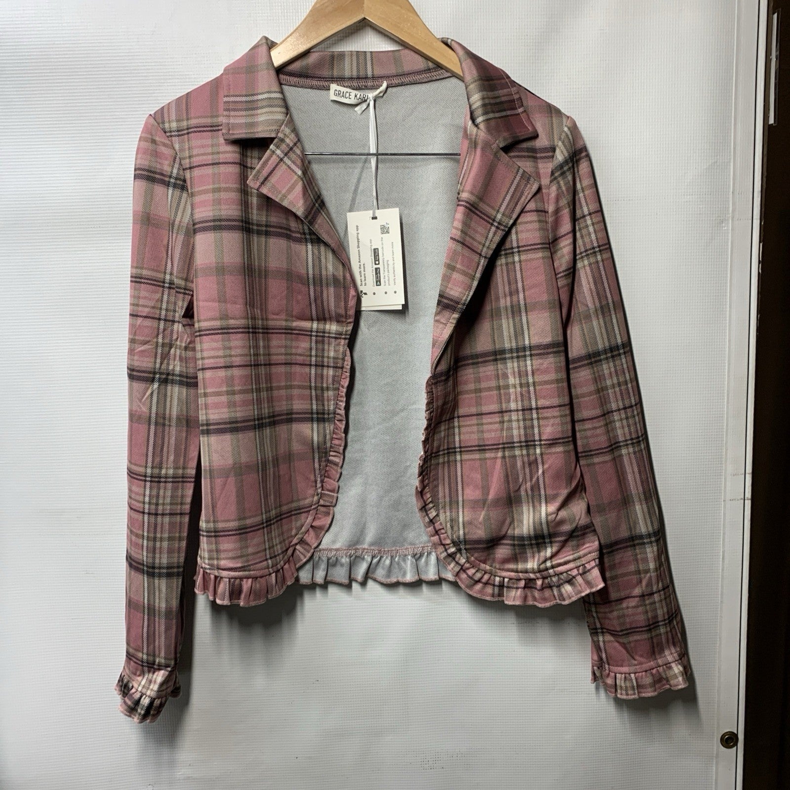 GRACE KARIN Women Business Casual Cropped Blazer Pink Plaid Small Long Sleeve
