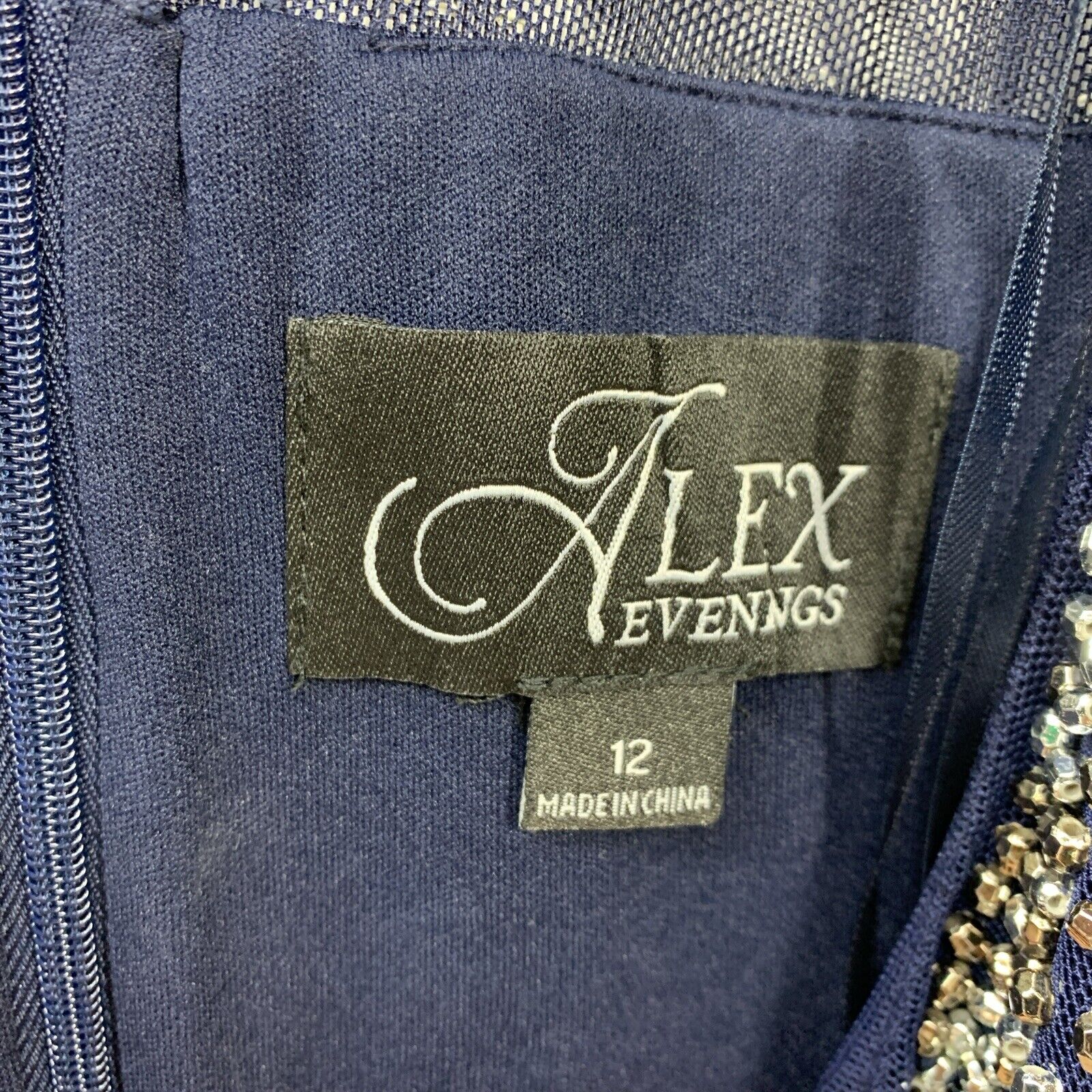 Alex Evenings 8160208 Navy Embellished Illusion Neckline Sheath Dress Size 12