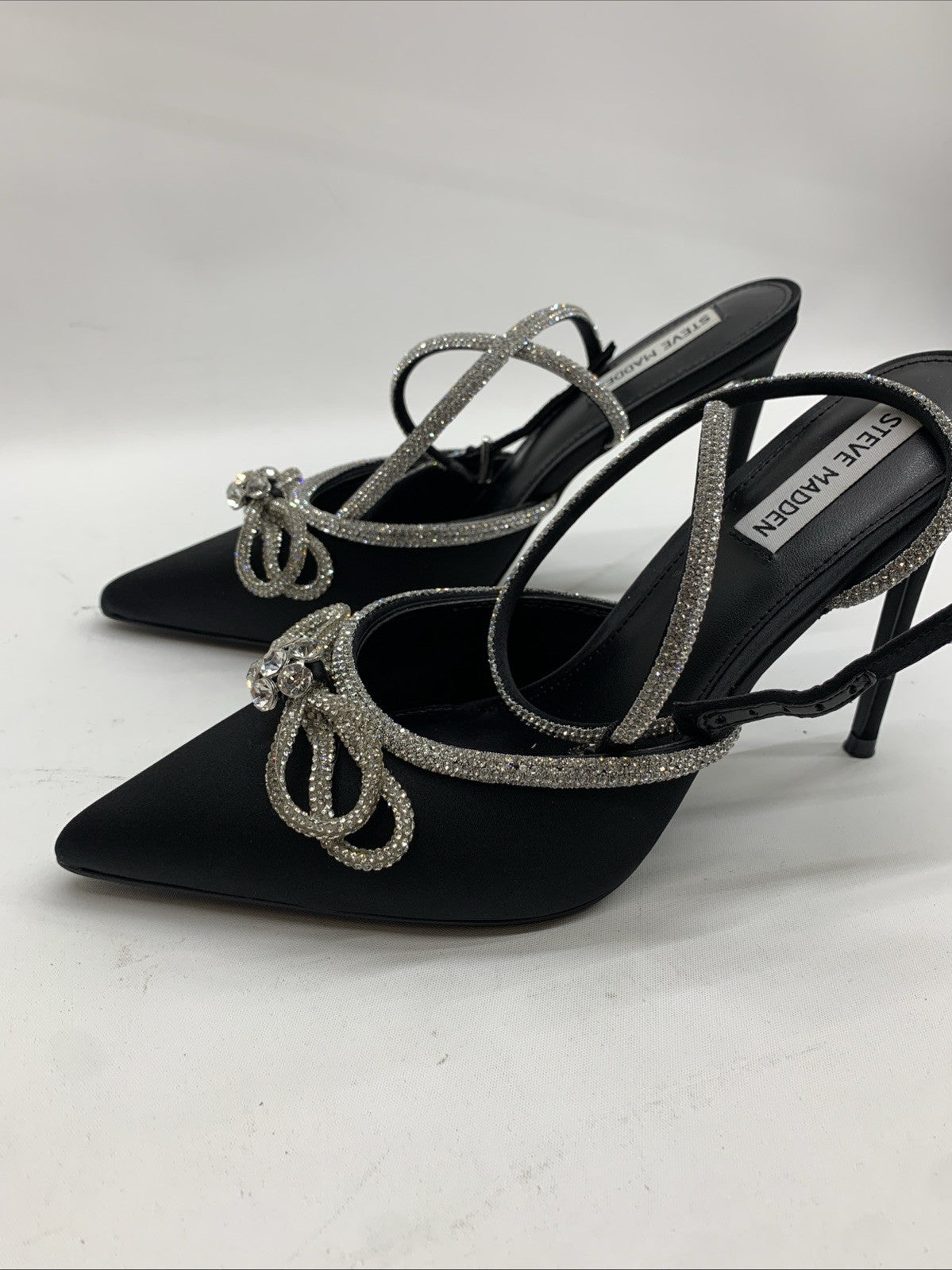 Steve Madden Viable High Stiletto Embellished Ankle Strap Size 10 Satin Black