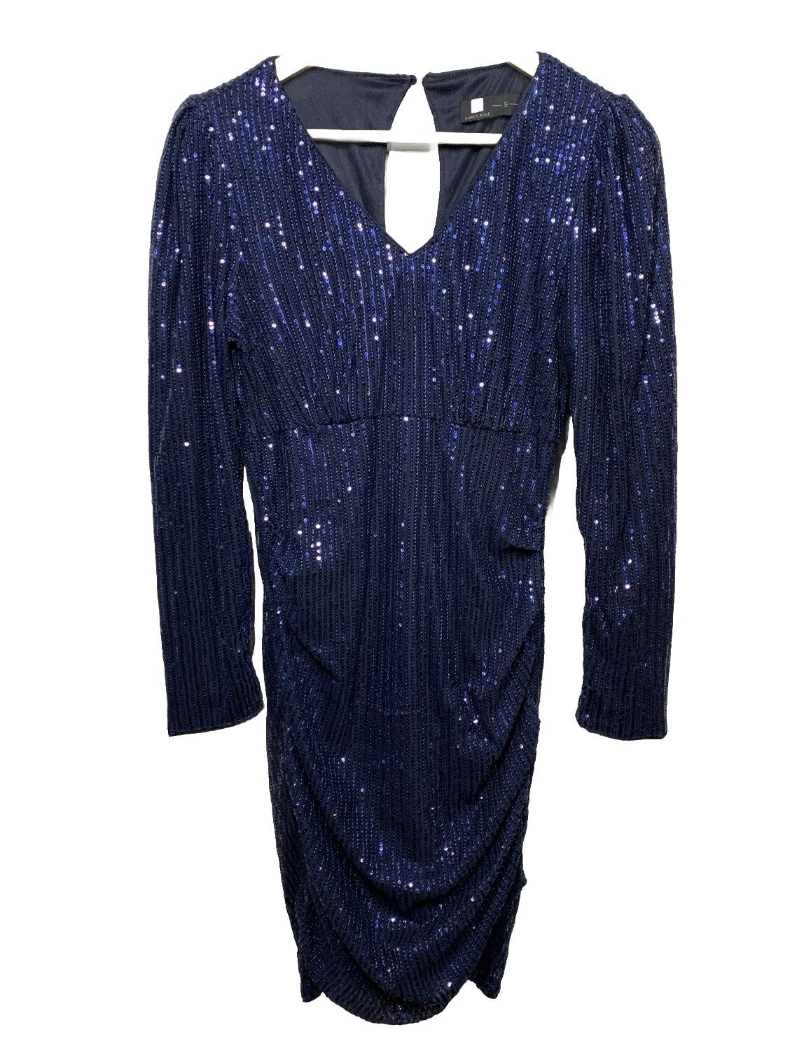 KANCY KOLE Womens Sexy V Neck Sequin Ruched Bodycon Mini Dress Small Long Sleeve