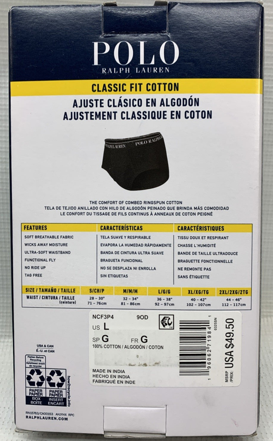 Polo Ralph Lauren Classic Fit Cotton Briefs Underwear Breathable Size L - 4 Pack