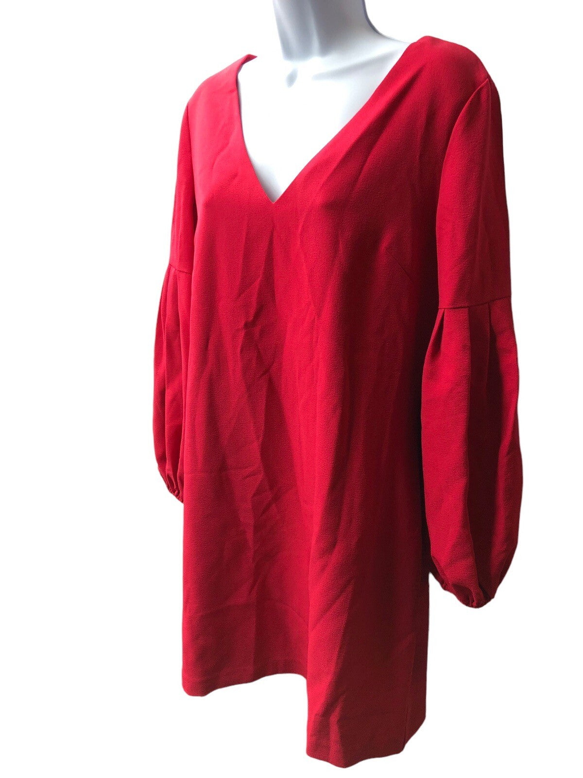 Red Chelsea28 women's balloon sleeve shift dress with V-neck, size 10, featuring casual style and comfortable fit.