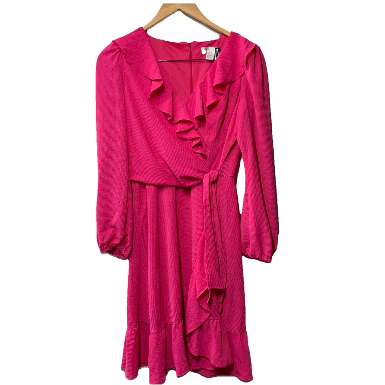 London Times V-Neck Ruffle Detail Long Sleeve Dress Women's Casual Size 6 Pink