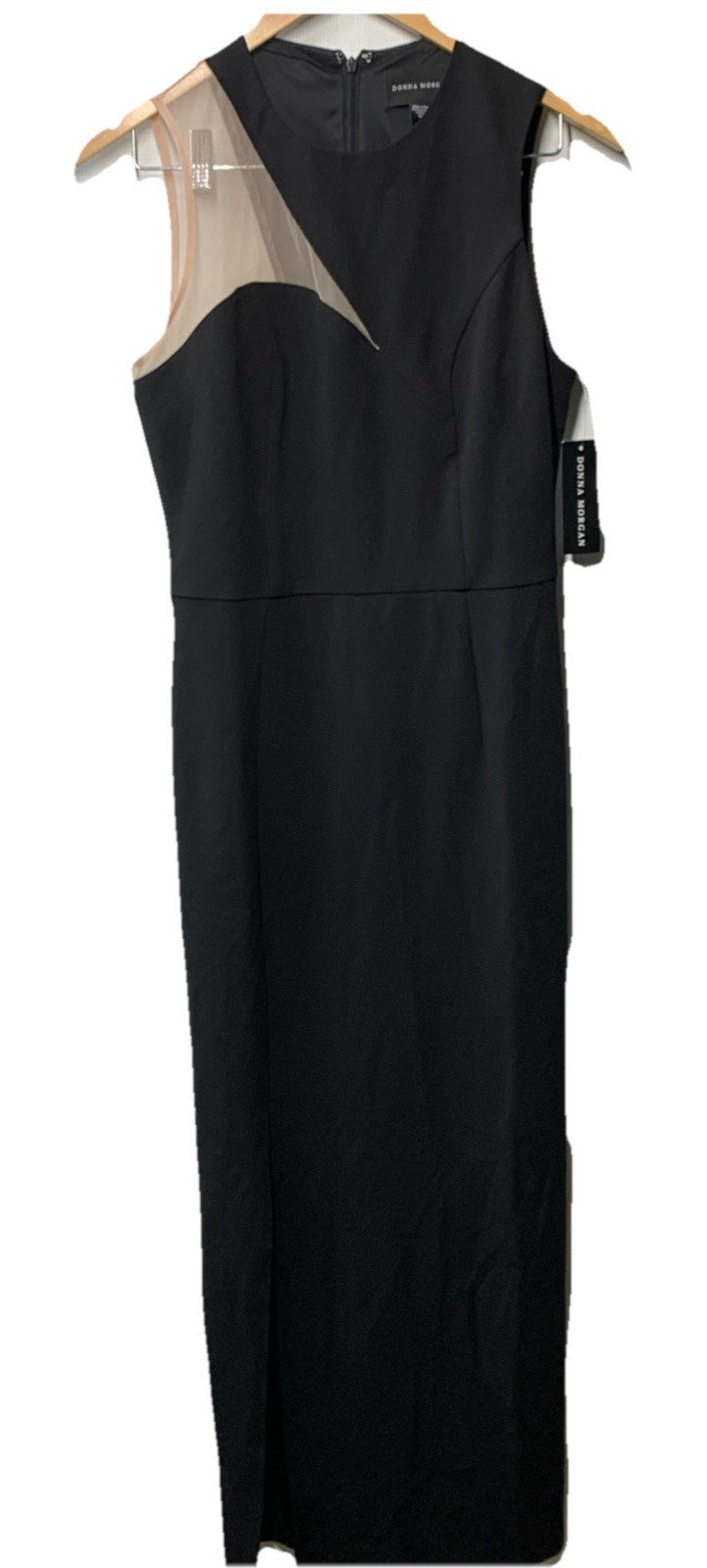 Black Donna Morgan sleeveless evening dress with asymmetrical cutout and high slit, size 8, featuring elegant style and flowing fabric.