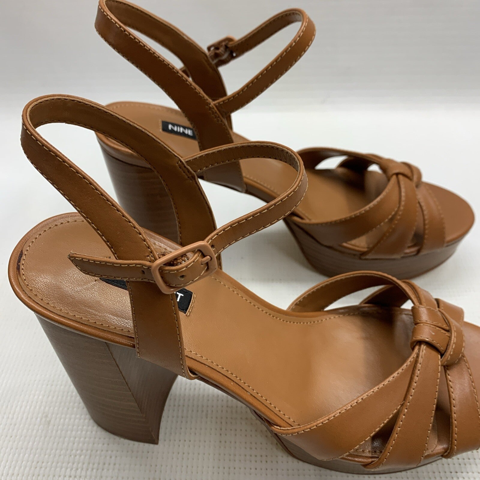 Nine West Women's Rast Platform Block High Heeled Sandal Brown 9M Open Round Toe
