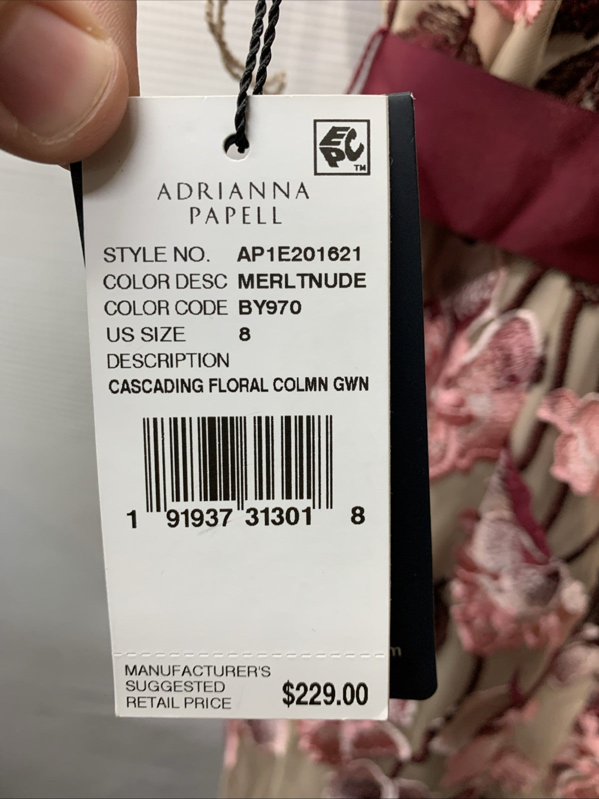 Adrianna Papell Women's Floral Cascading Floral Column Gown Short Sleeve Size 8