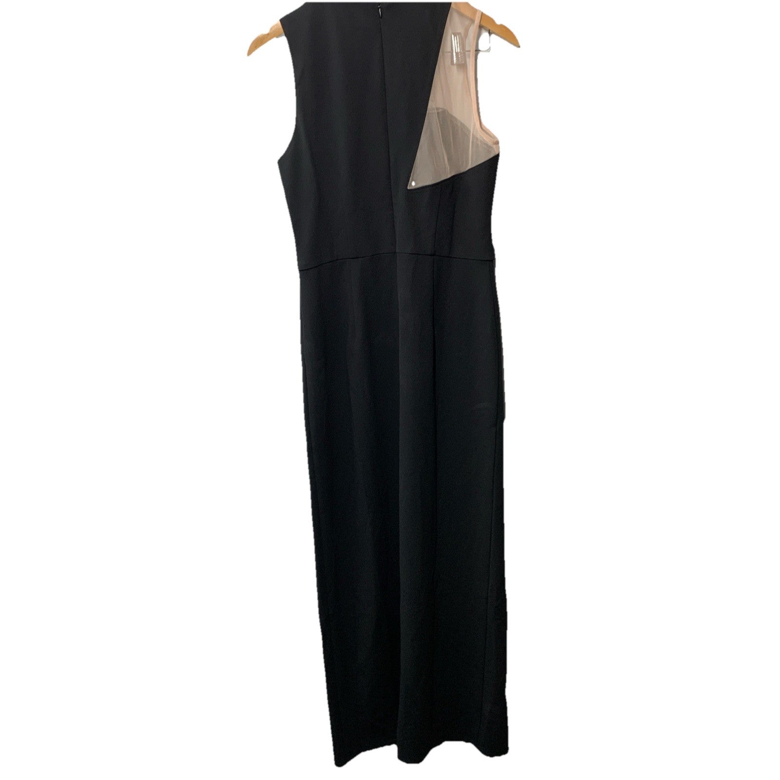 Black Donna Morgan sleeveless evening dress with asymmetrical cutout and high slit, size 8, featuring elegant design and sophisticated style.