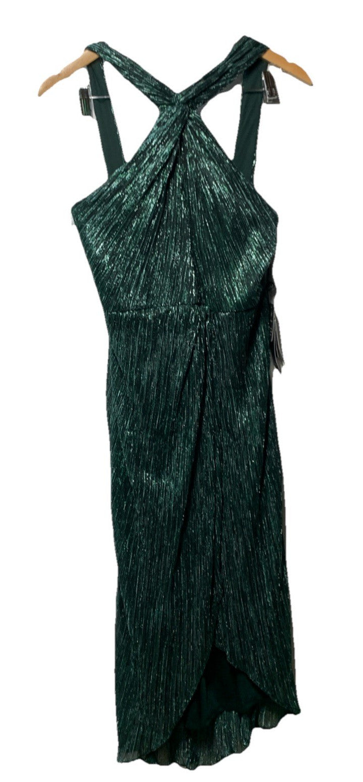 Adrianna Papell Women's Green Halter Crinkle Metallic Midi Dress 8 Green Pine