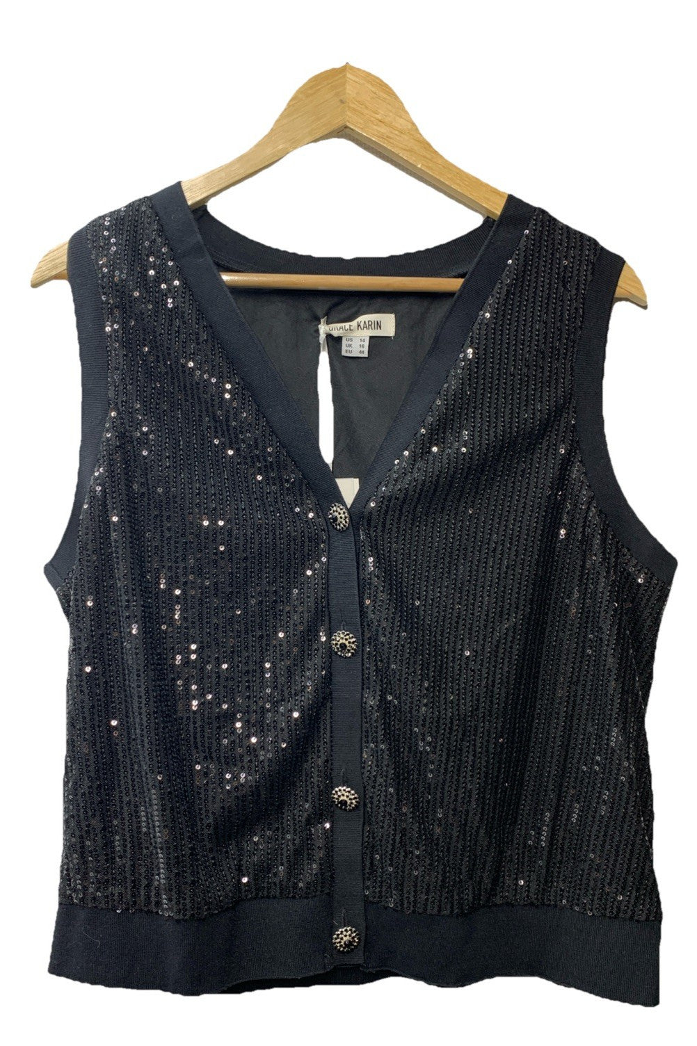 GRACE KARIN Women's Sparkly Sleeveless Sequin Cardigan Size 14 Black V-Neck