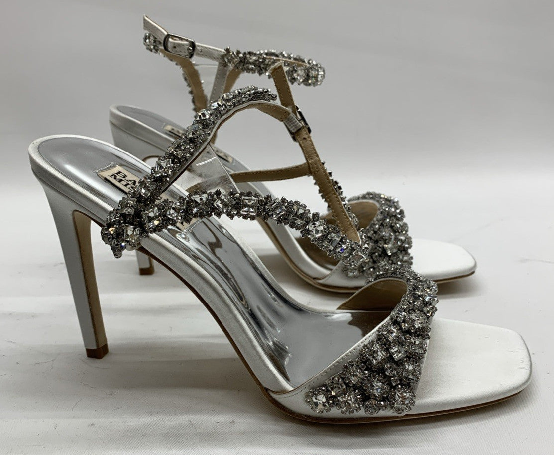 Badgley Mischka Galia Embellished Sandal Heels Jeweled Soft Satin White Size 8