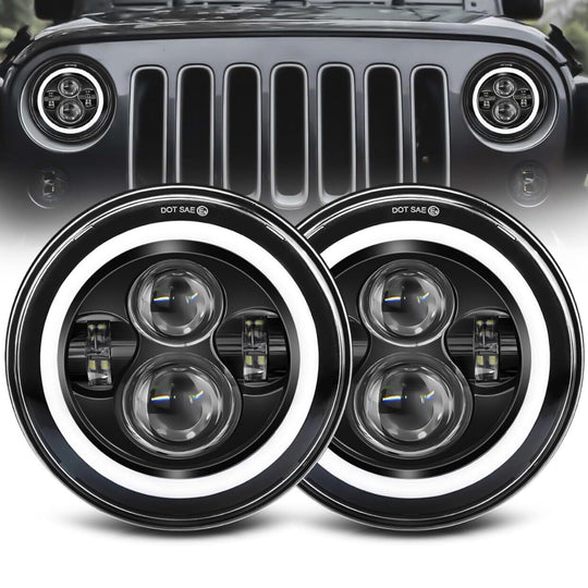 7 Inch LED Headlights Round Halo Angel Eyes DRL Amber Turn Signal Lights 2pc