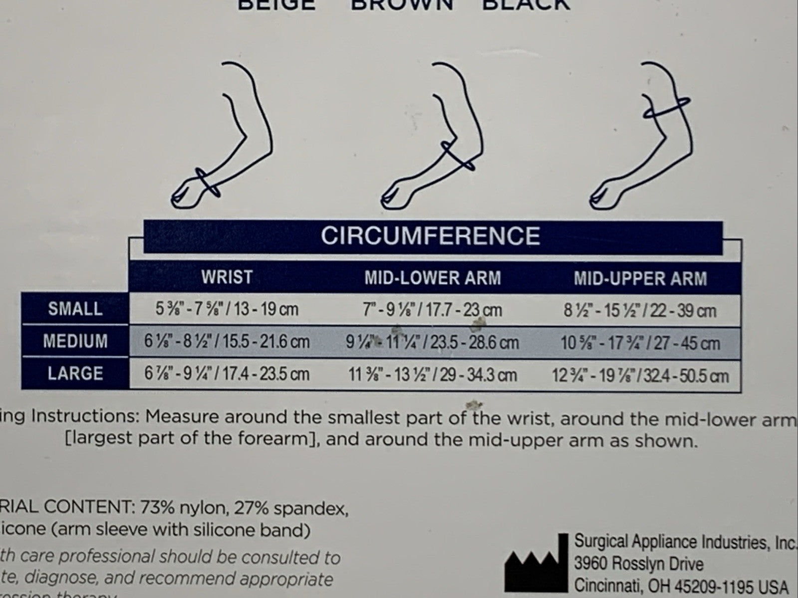 Truform Leg Health Compression Arm Sleeve 20-30mmHg Size Large 3326BG-L Beige