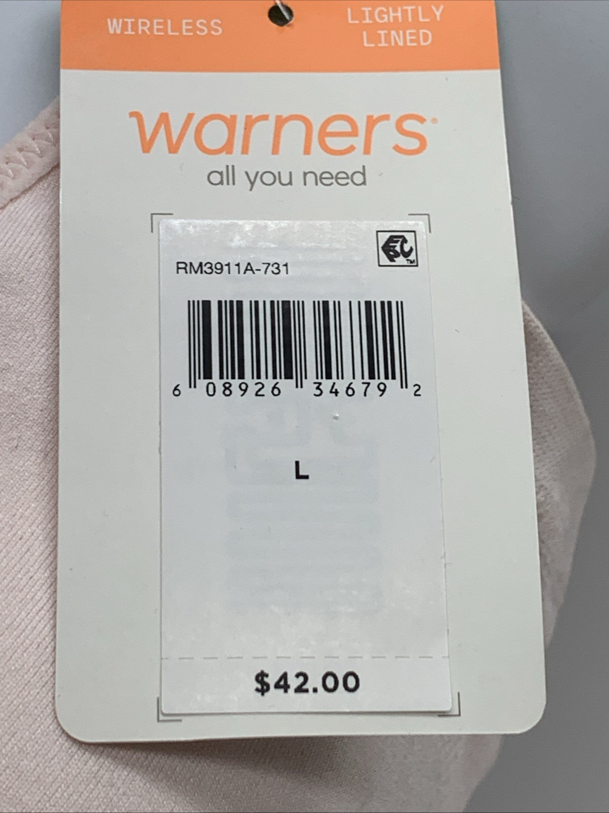 Warners Bra Womens Large Light Beige Wireless Seamless RM3911A-731 Lightly Lined