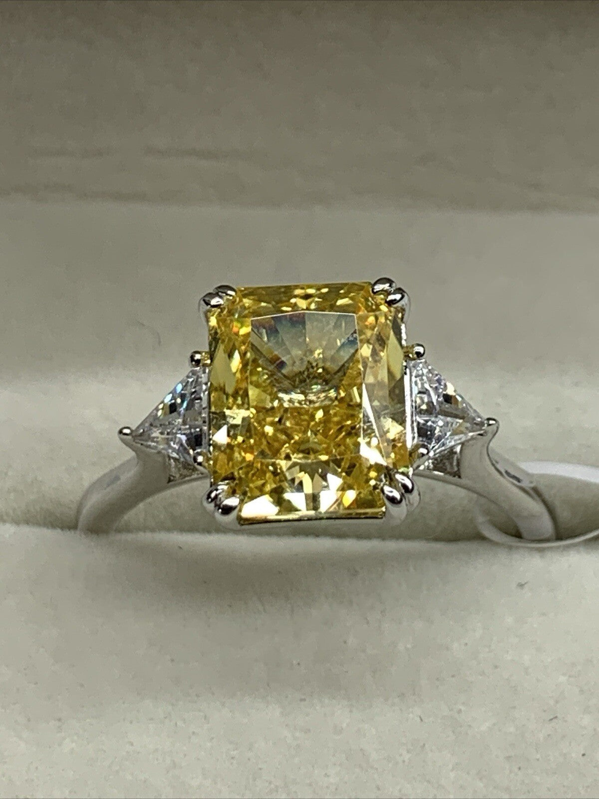 Radiant Cut Yellow Sterling Silver .925 CZ 3 Stone Engagement Ring Size 8.5