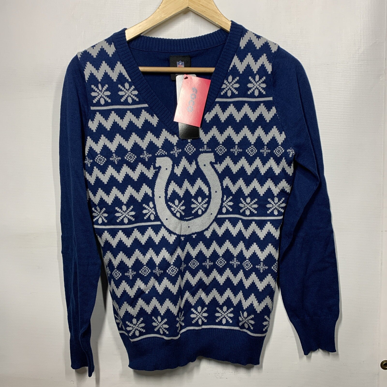 FOCO Womens Med Colts NFL Team Logo Ugly Holiday V-Neck Sweater Navy Long Sleeve
