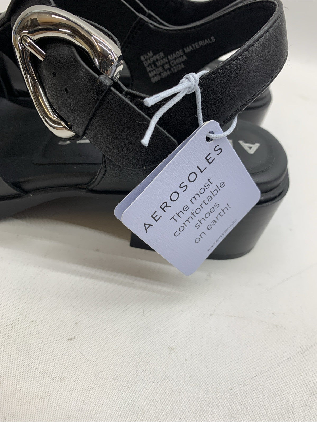 Women Sandals Aerosoles Dapper Sandal 8.5 Black Buckle Low Block Heel Square Toe