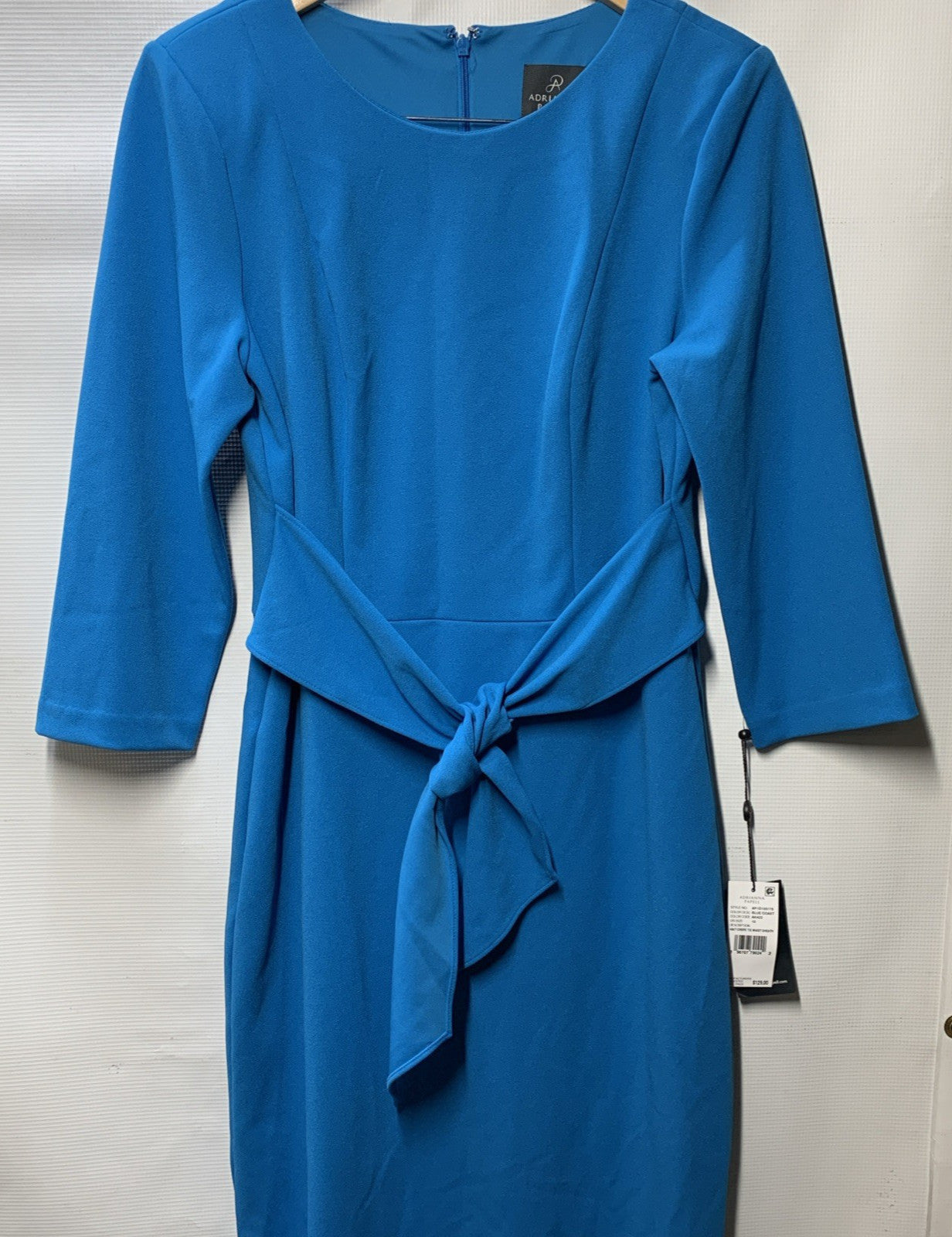 Adrianna Papell Women's Knit Crepe Tie Waist Sheath Size 10 Blue Coast Zip Back