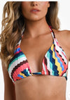 La Blanca women's Slice printed halter bikini top in size 6, blue and white swimwear with tropical print, tied halter neck.