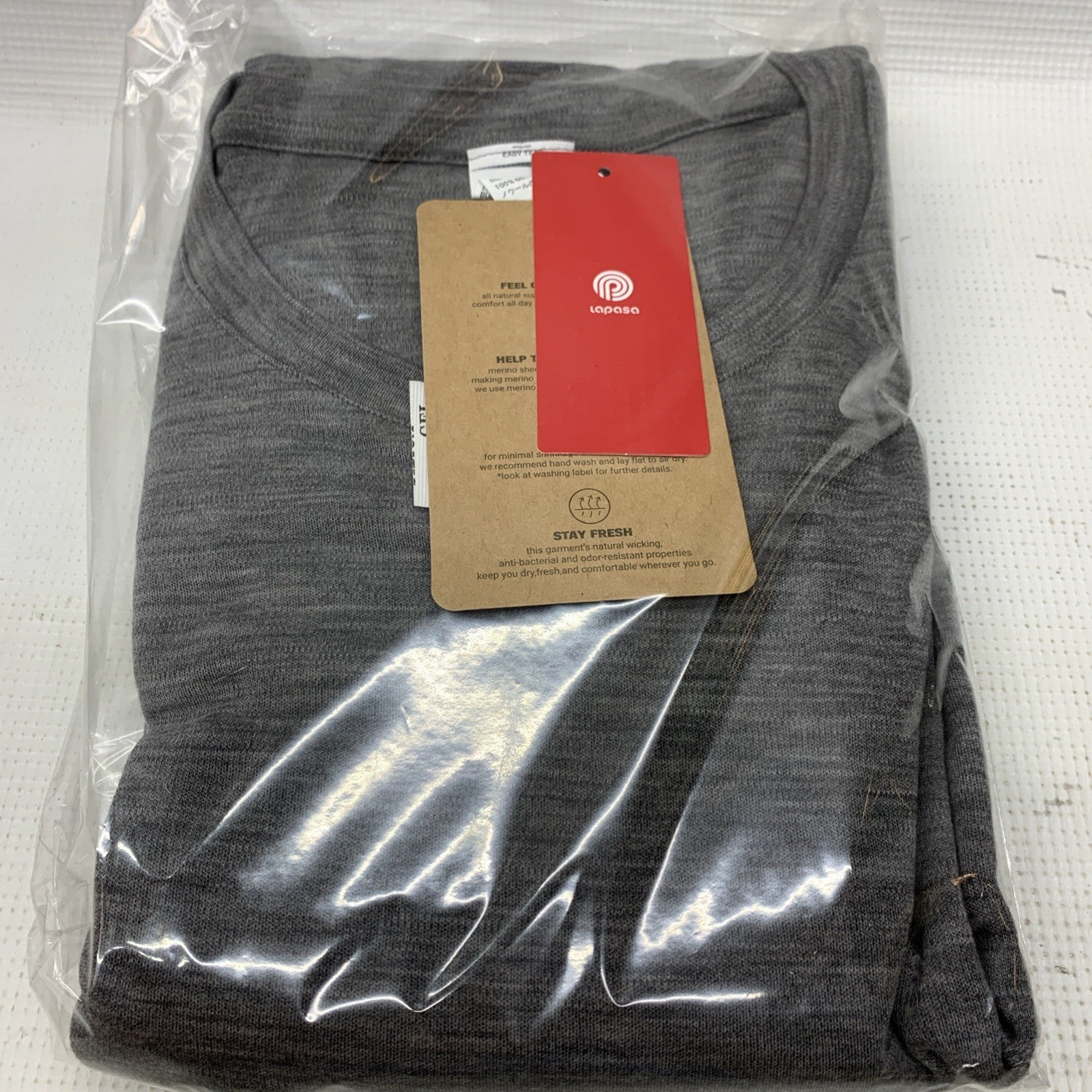 LAPASA Men's 100% Merino Wool Thermal Top: Heather Gray Long Sleeve Size XL