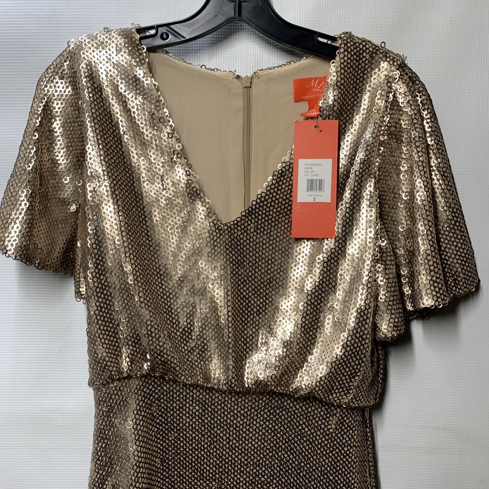 MONIQUE LHUILLIER ML Gold Sequin Embellished Flounce Dress Size 2 Short Sleeve