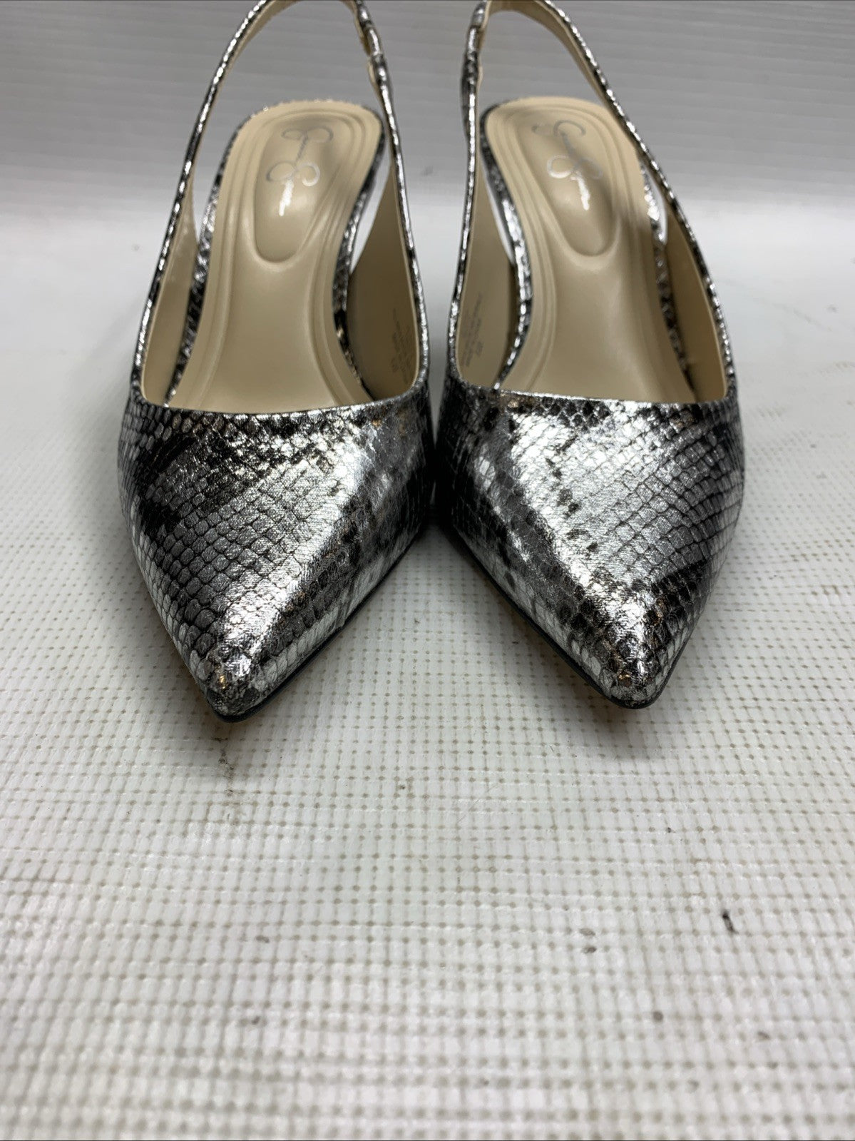 Jessica Simpson Women's Souli Sling Back Lux Metal Snake Heel Size 7 Chrome