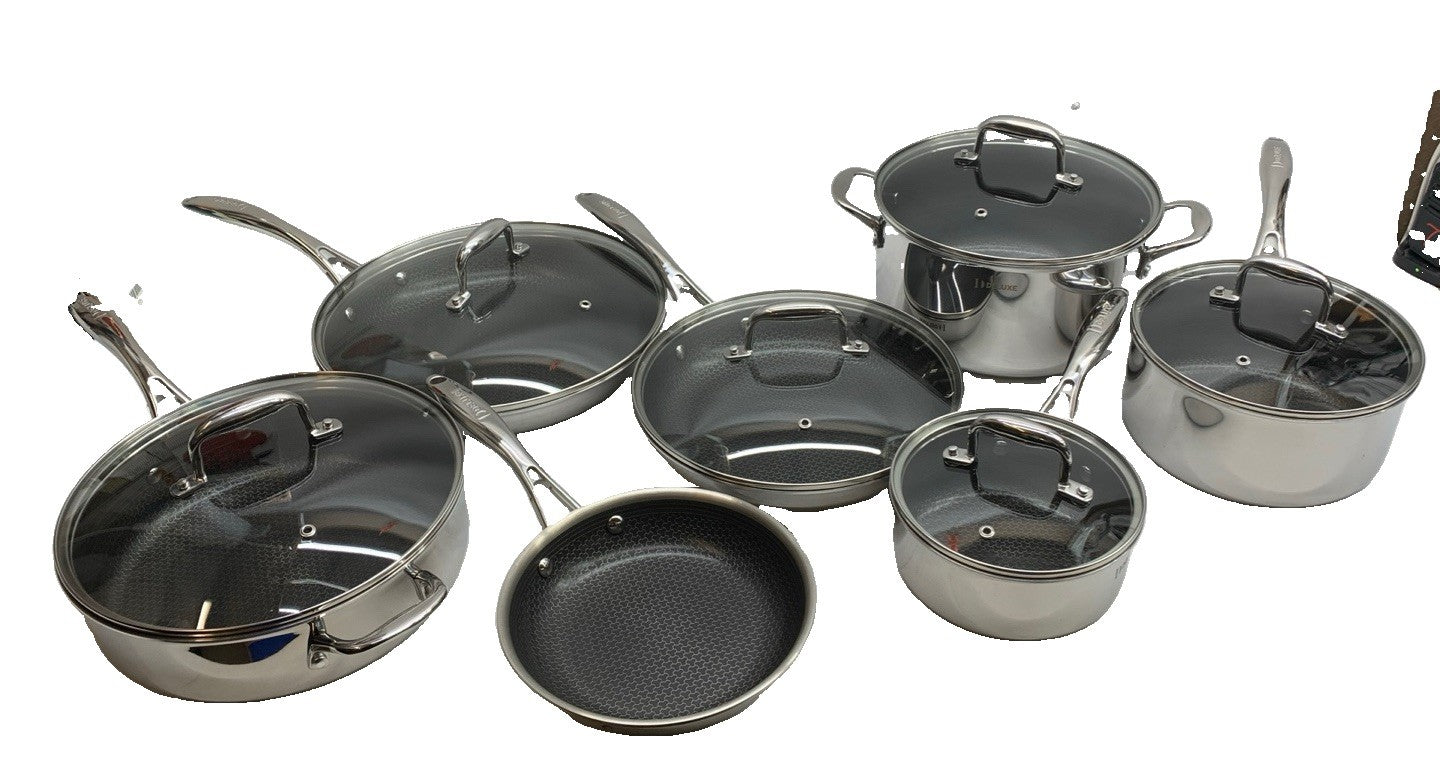 Deluxe 13-piece hybrid ceramic nonstick stainless steel cookware set by The Family Flips, including various pots and pans for versatile cooking.