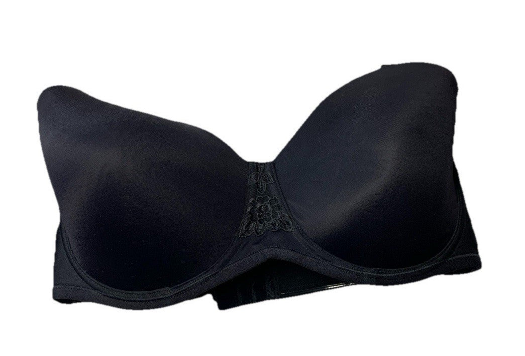 Black Vanity Fair women's strapless underwire bra with back strap, size 40D, designed for a smooth, supportive fit.