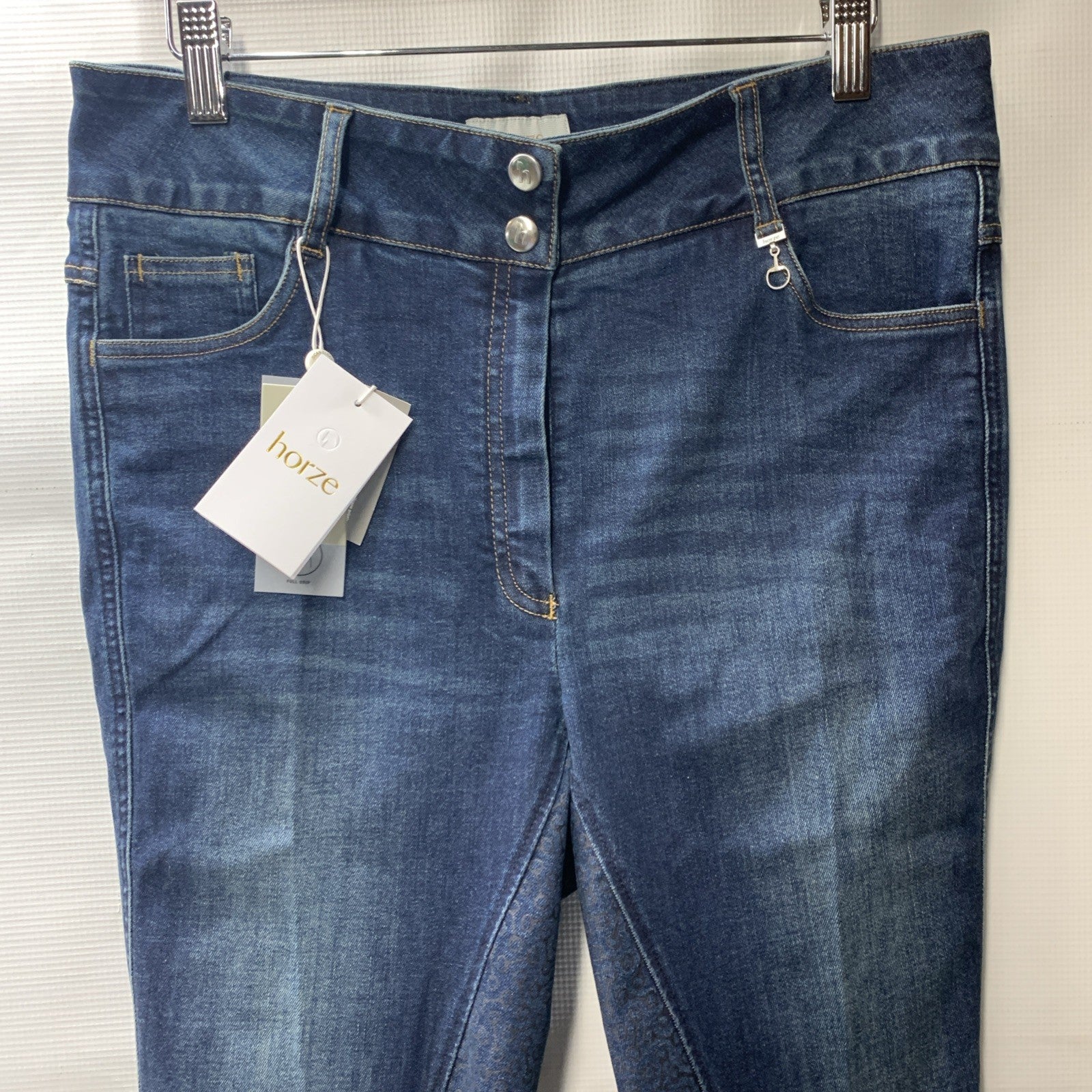 Horze Kaia Womens High Waist Denim Silicone Full Seat Breeches Dark Blue Size 32