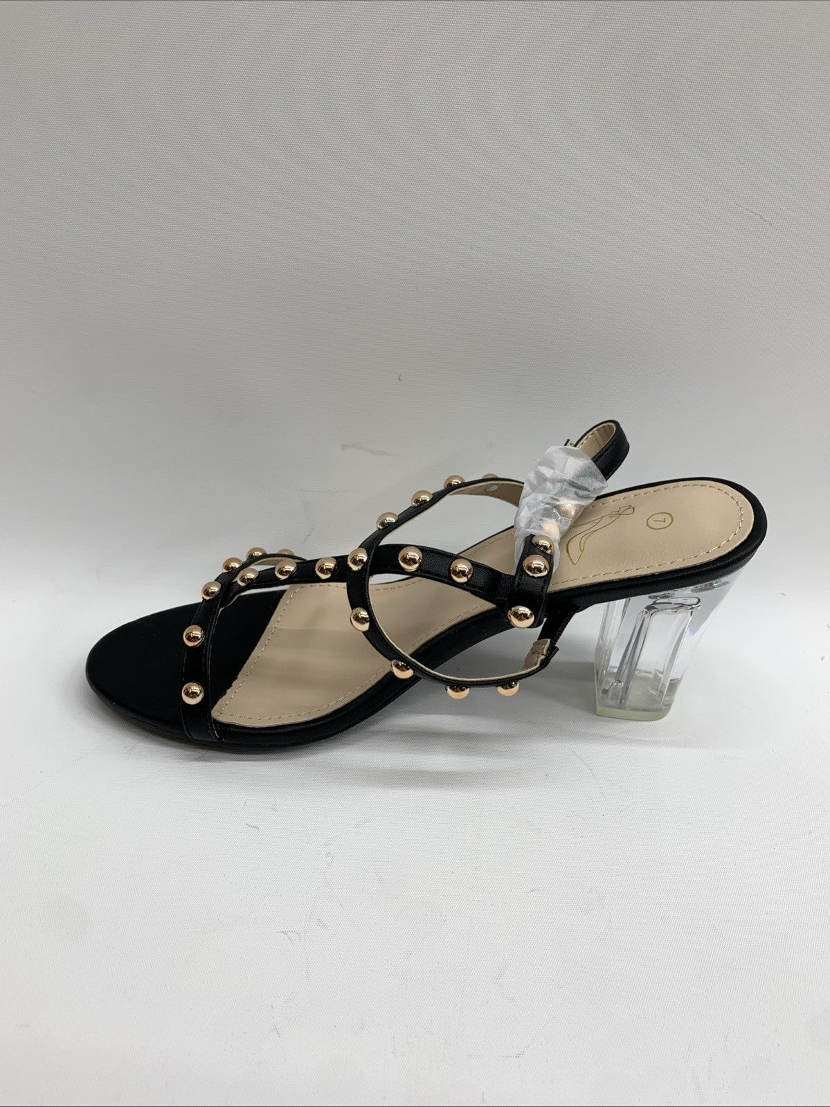 Perphy Rivets Heel Slingback T-Strap Chunky Clear Heels Studded Sandal 7 Black