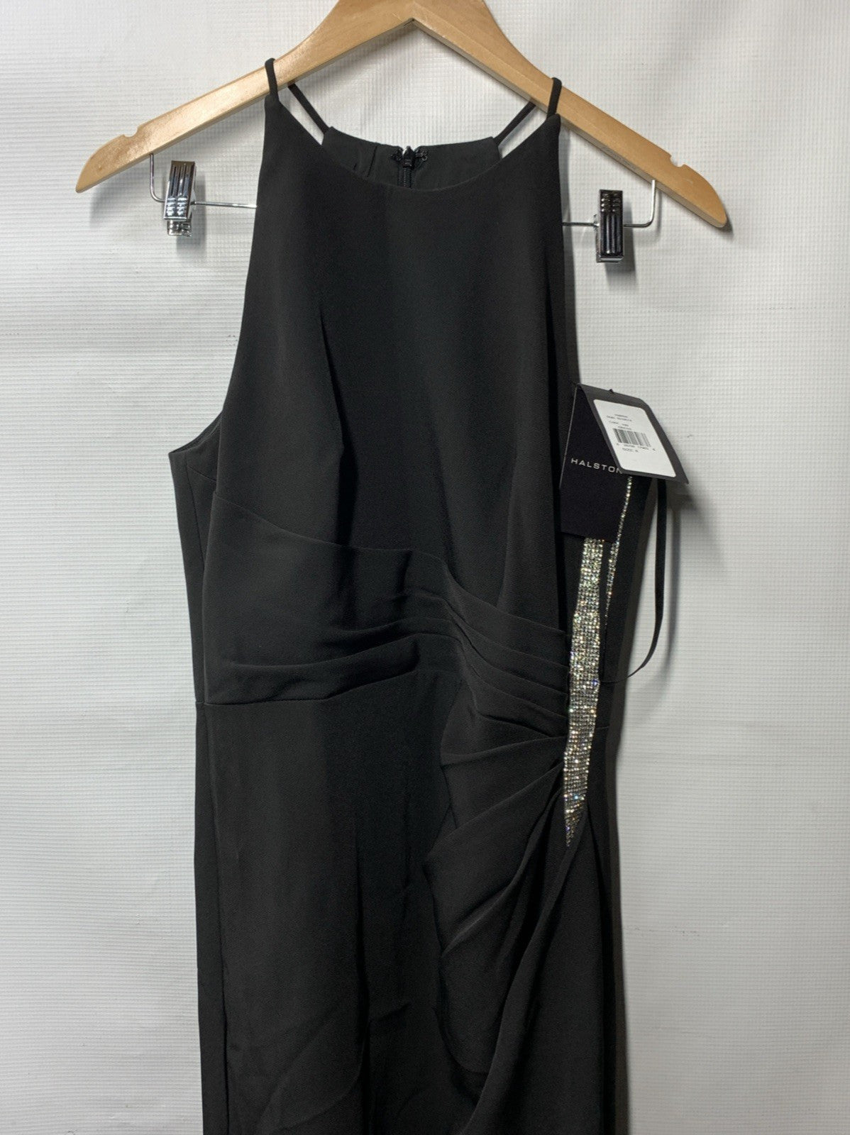 HALSTON Women's Annika Gown Dress Stretch Crepe Halter Black Sleeveless Size 8